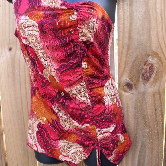 Mode V One Shoulder Paisley Top Red Orange Ruched Side Y2K Size M - Picture 2 of 6